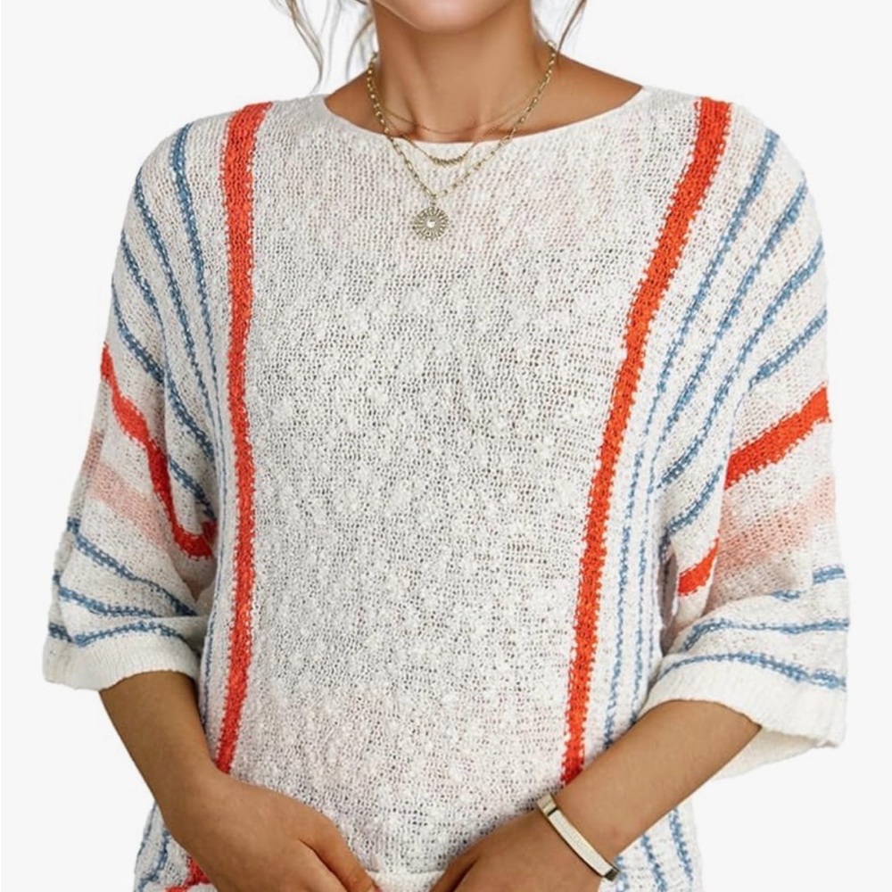 Lightweight White Knit Sweater with Coral and Blue Stripes